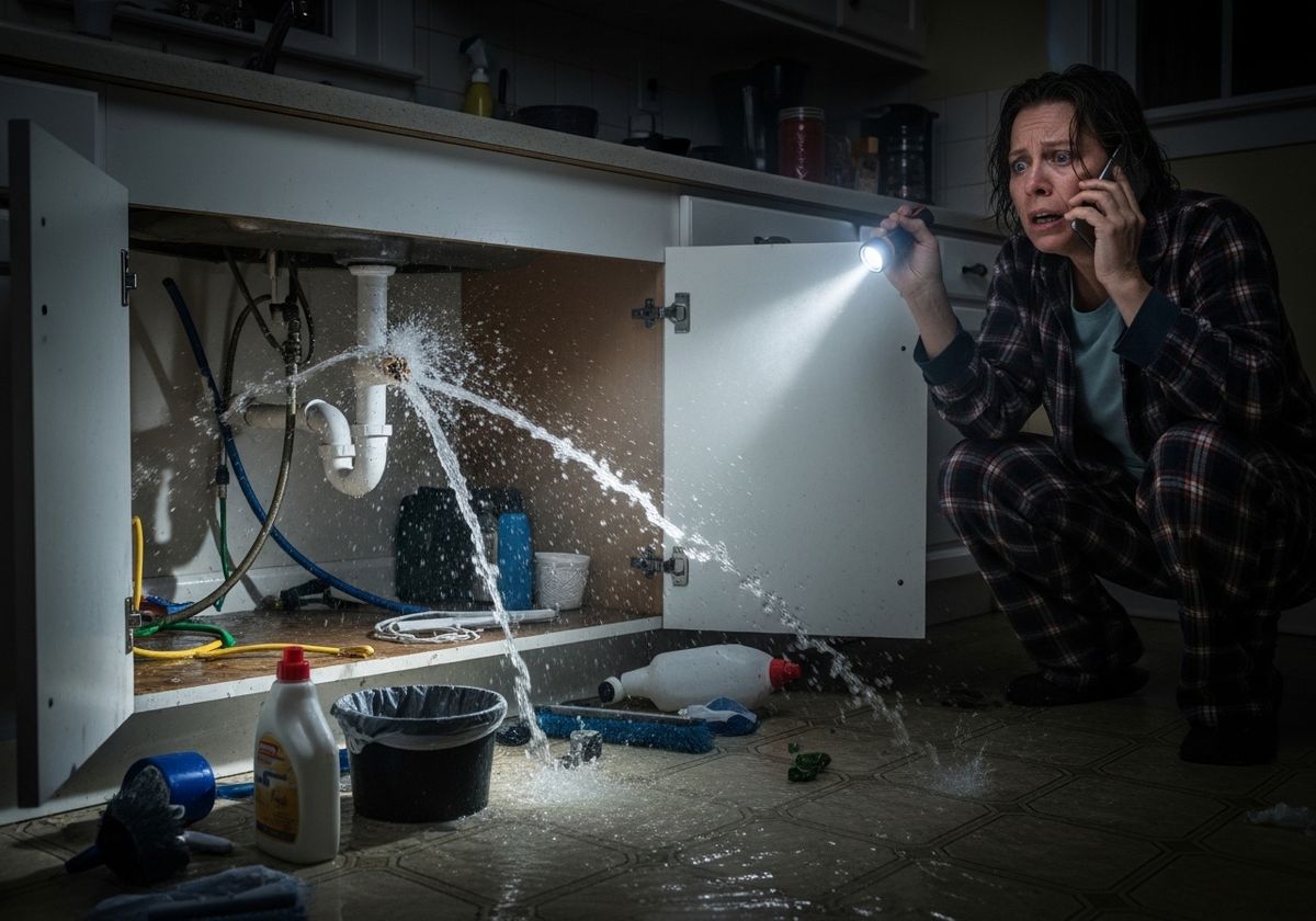 Woman with flashlight and phone next to leaking pipes