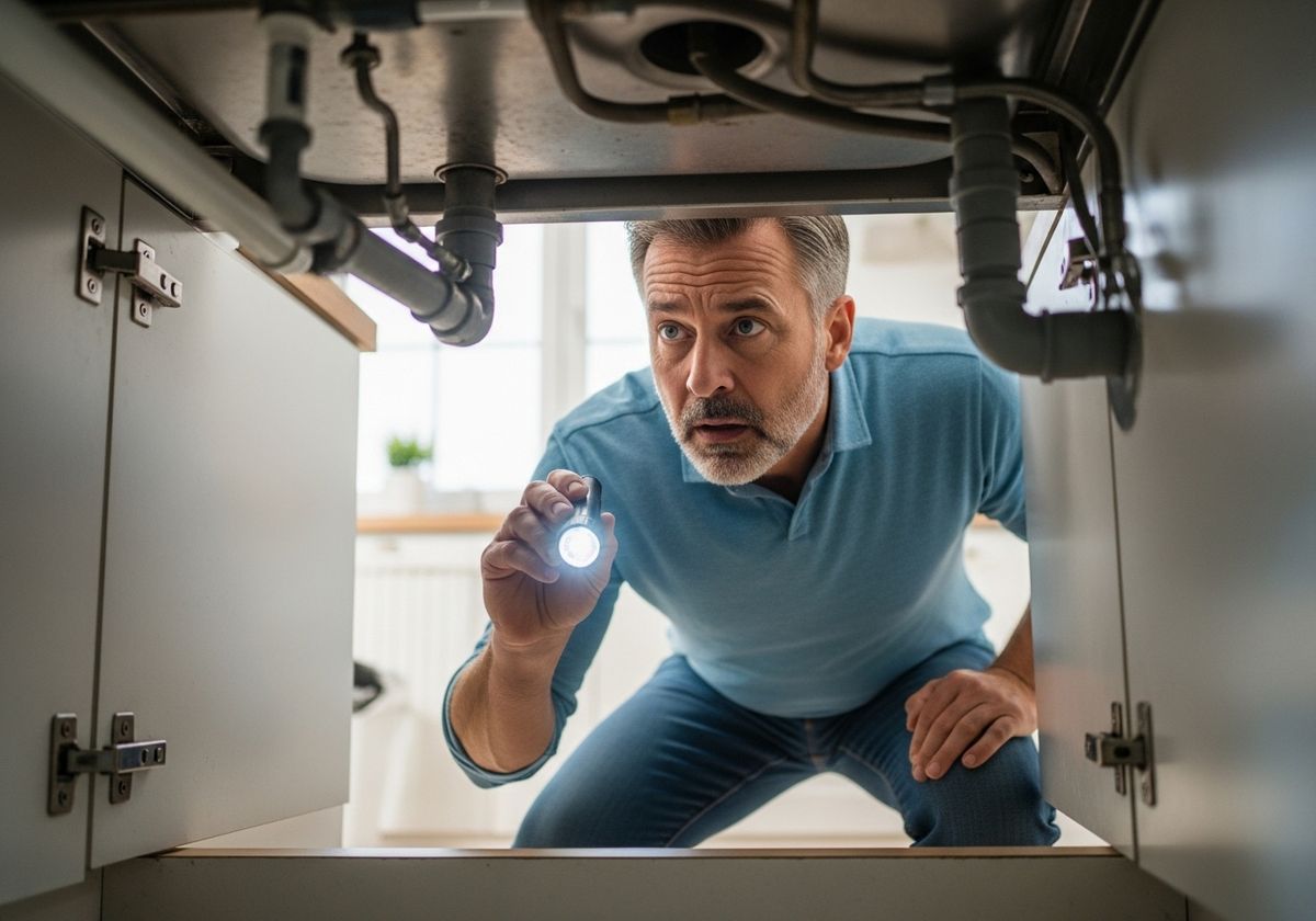 Man Inspecting Under Sink with Flashlight