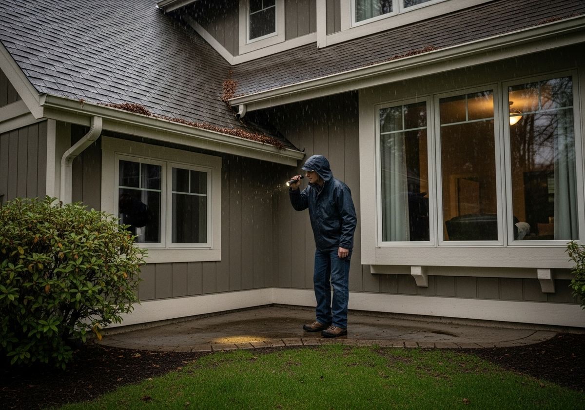 Person inspecting house foundation in the rain