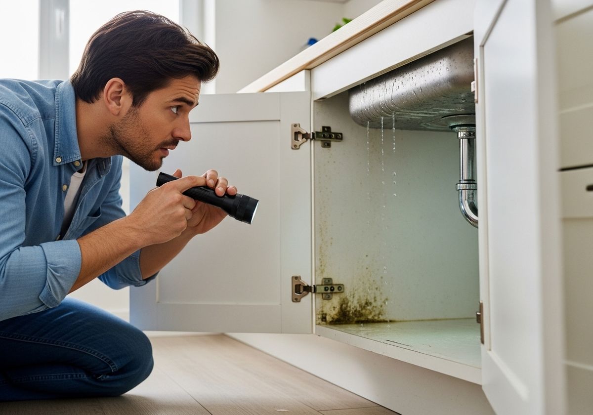 Man Inspecting Leaky Sink with Flashlight