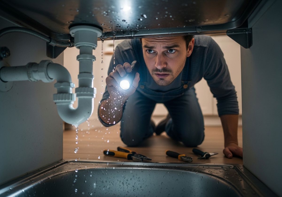 Man Inspecting Leaky Pipe Under Sink