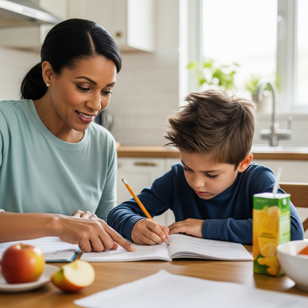 A kitchen table scene with a foster parent helping a child with homework.