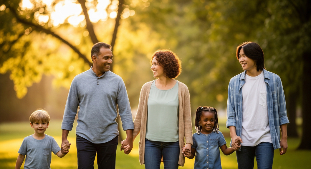 A candid photo of a diverse family walking hand-in-hand in a sunlit park