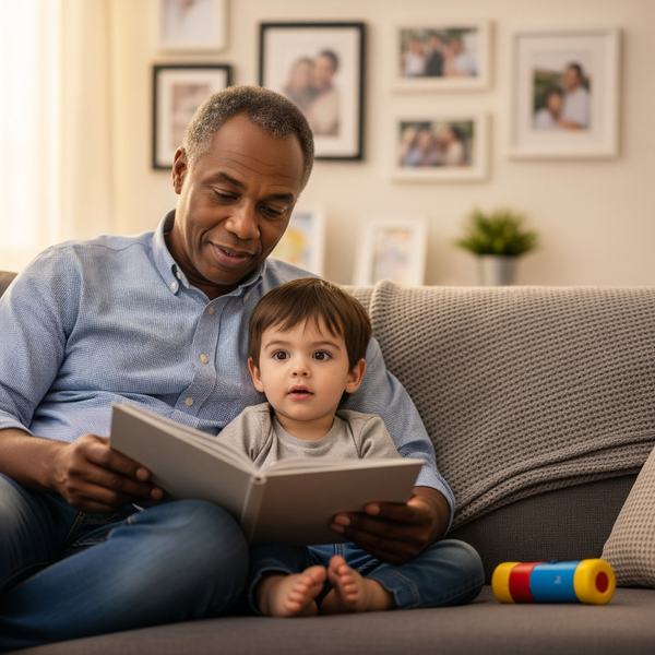 A living room with a child and foster parent reading a book together