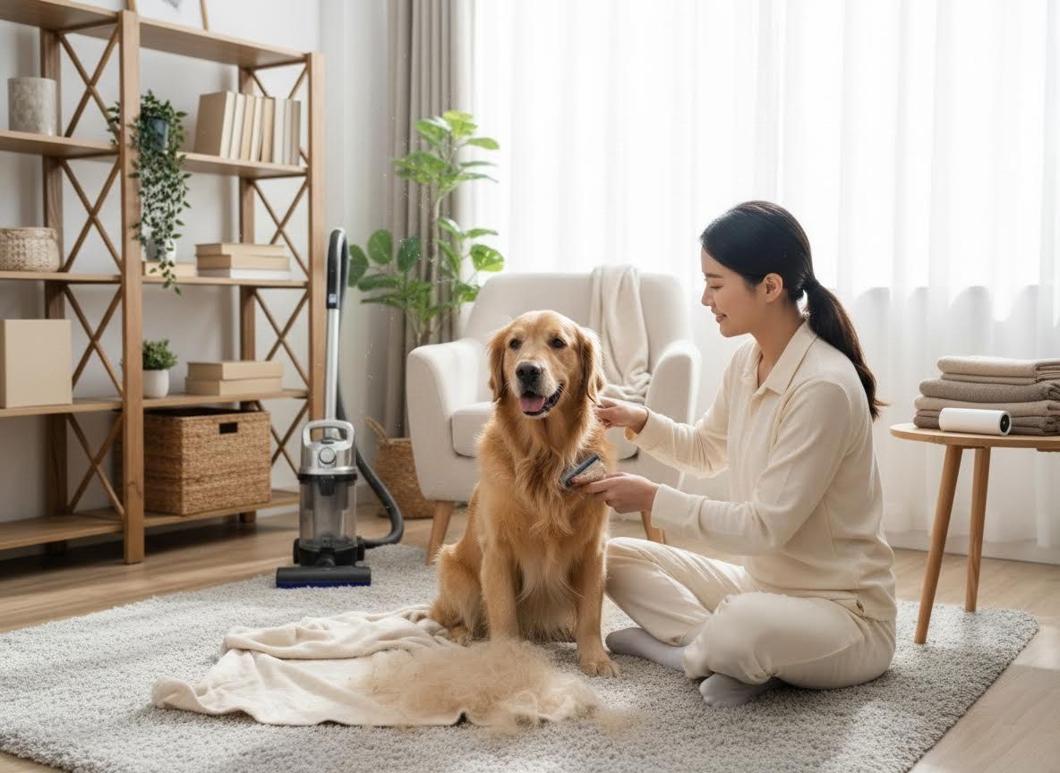 Woman Brushing Golden Retriever in Living Room