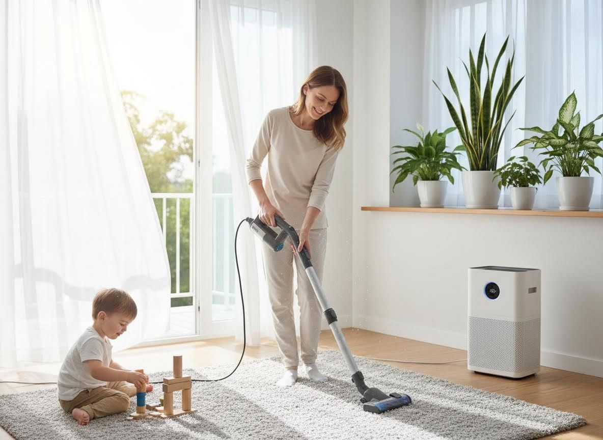 Woman vacuuming and child playing in a bright, clean living room