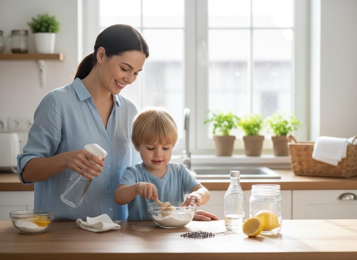 Mother and child making homemade cleaning products in a bright kitchen