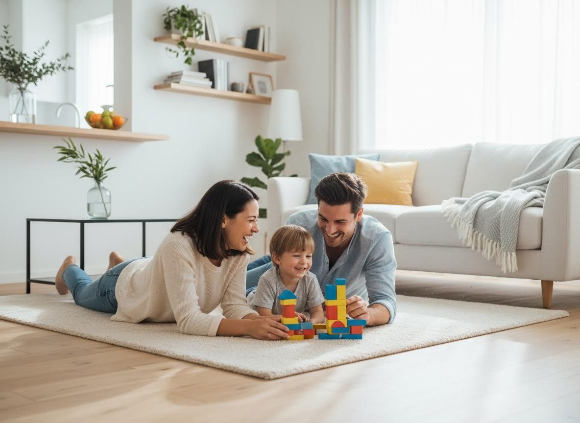 Family playing with blocks on the floor in a bright living room