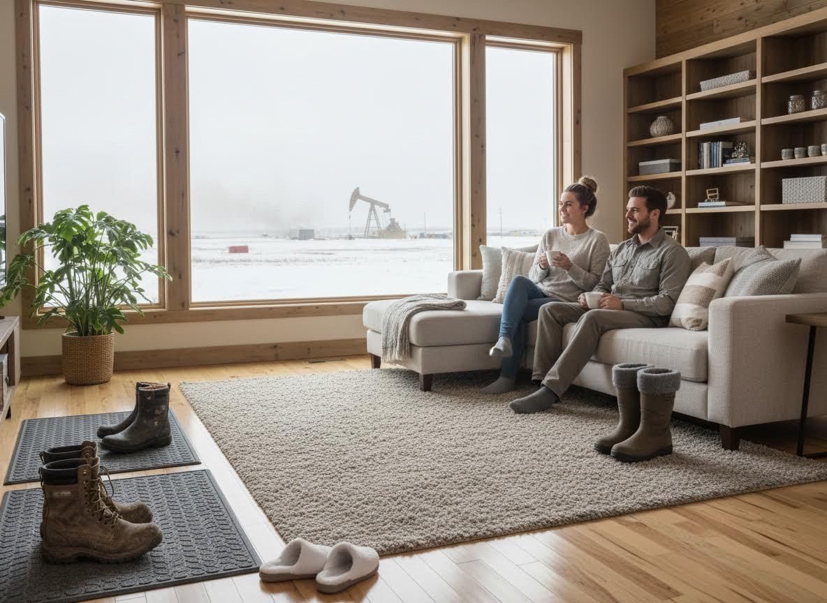 Couple relaxing indoors by a large window overlooking a snowy oilfield