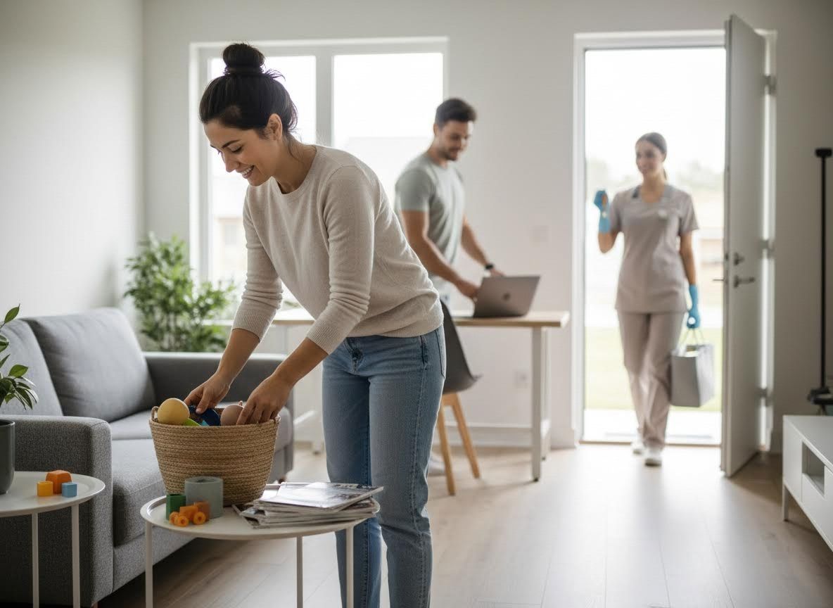 Family tidying up as a cleaning service arrives