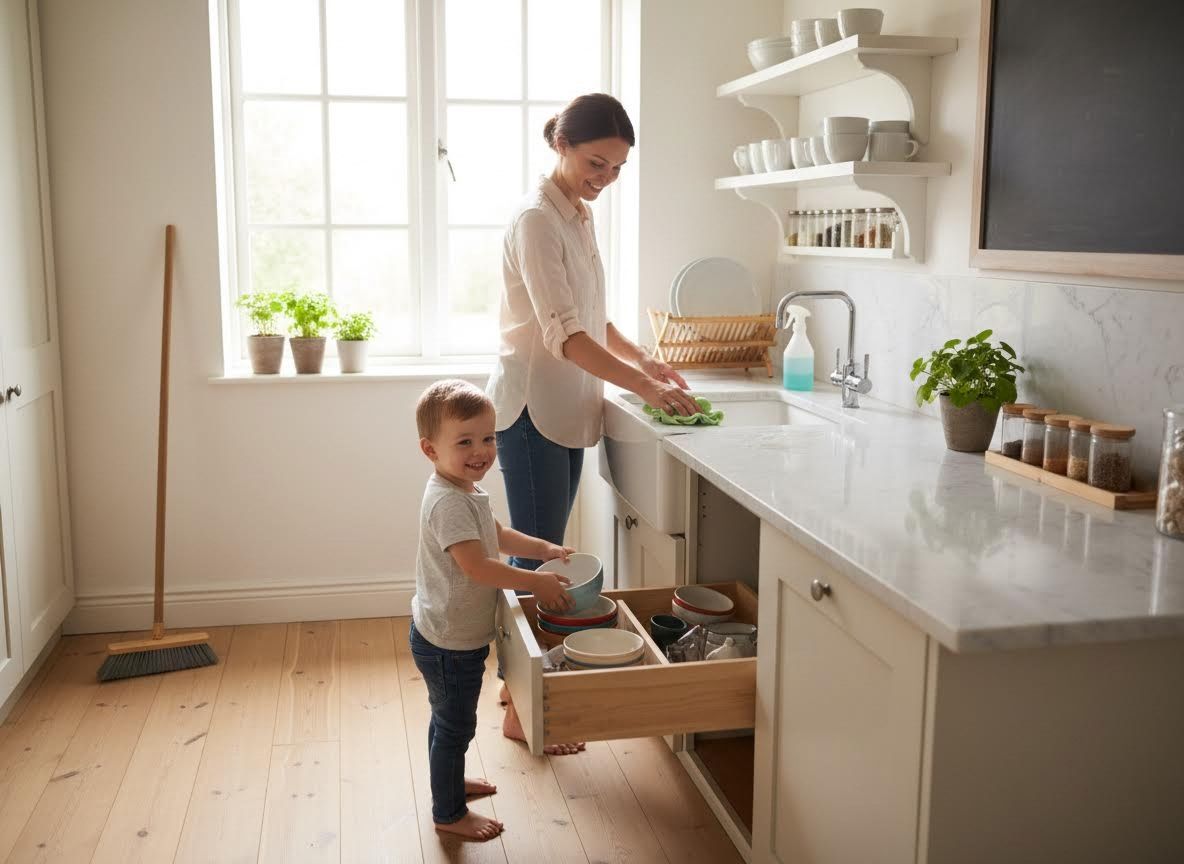 Mother and son doing dishes together in a bright kitchen
