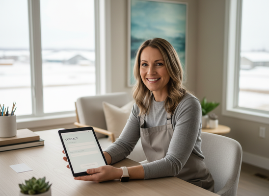 Professional Woman with Tablet Displaying Contact Form