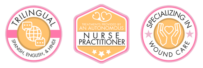 Trust Badges - Content:  Badge 1: treatments provided by an Autonomous nurse practitioner  Badge 2: Specializing in wound care  Badge 3: Trilingual- Spanish, english, and hindi