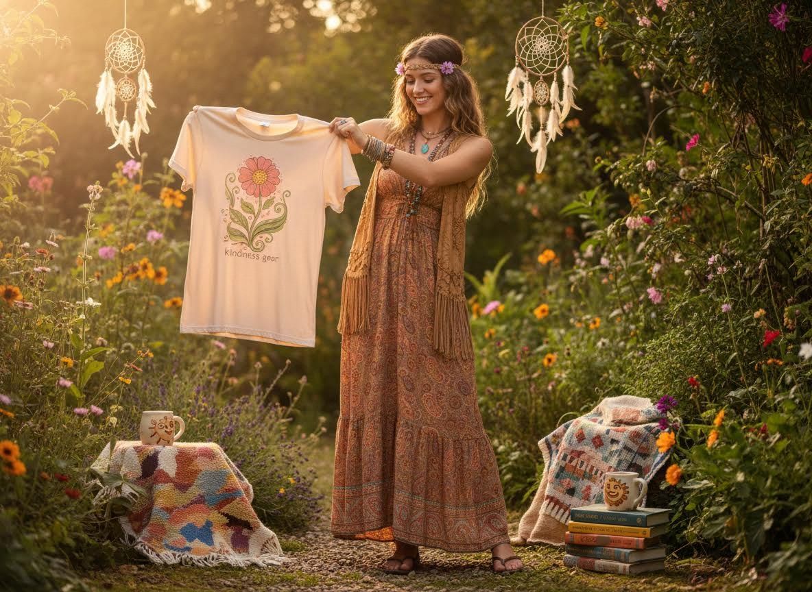 Bohemian Woman in Sunlit Garden Holding Kindness Gear T-Shirt