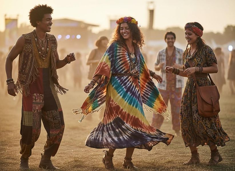 Three friends dancing at an outdoor festival in bohemian outfits