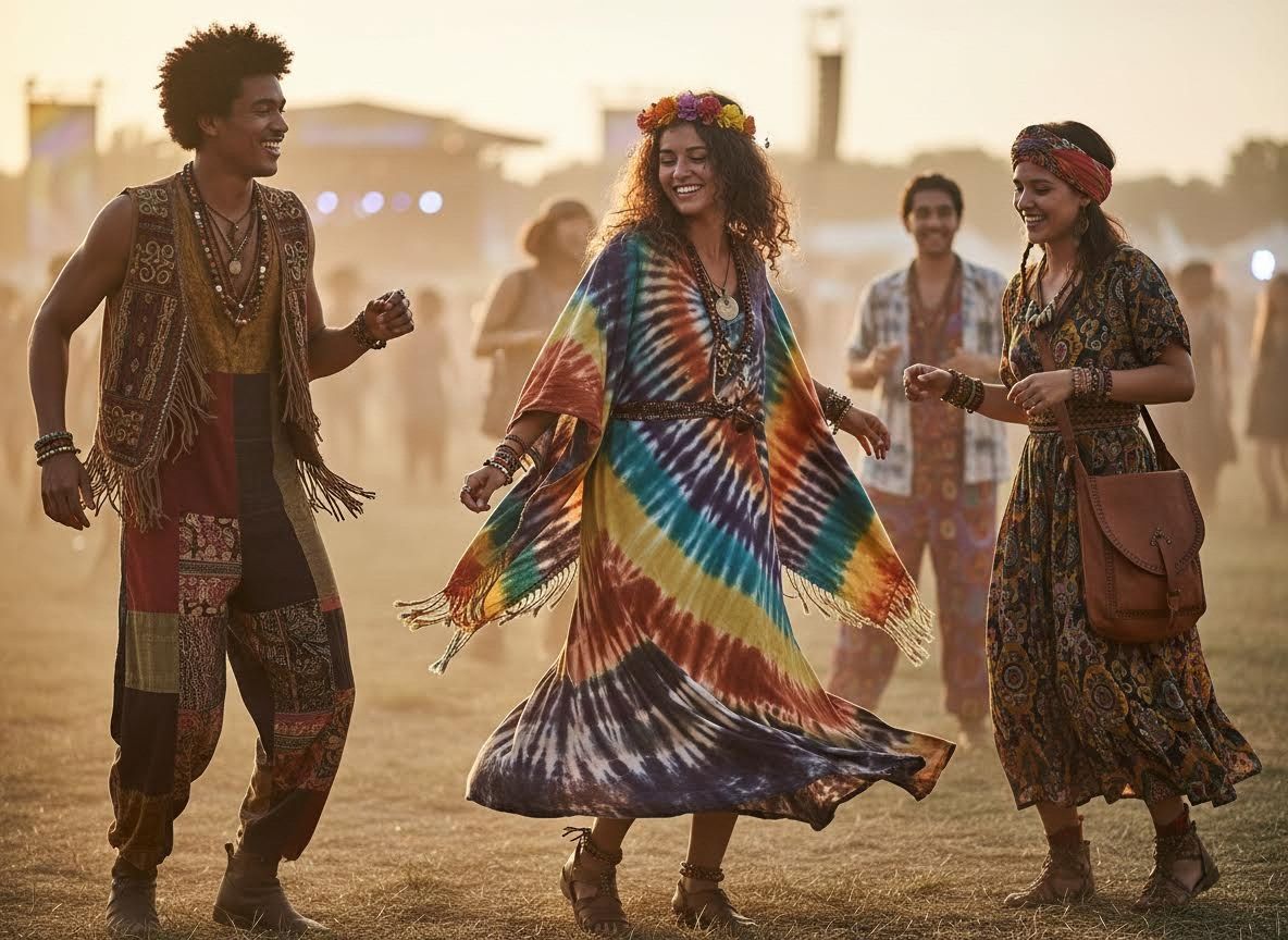 Three friends dancing at an outdoor festival in bohemian outfits