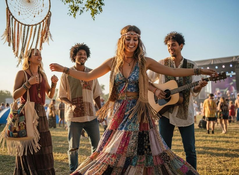 Bohemian Friends Dancing and Playing Music at Outdoor Festival