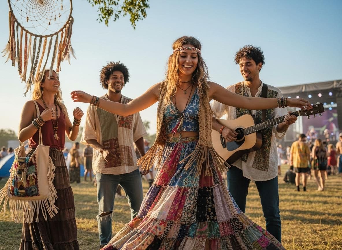 Bohemian Friends Dancing and Playing Music at Outdoor Festival