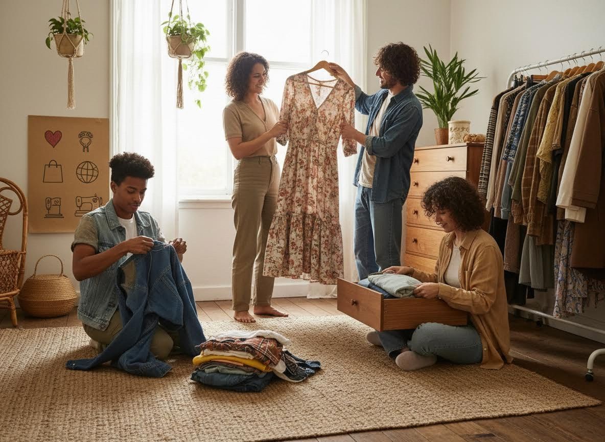 Group sorting and mending clothes in a bright room