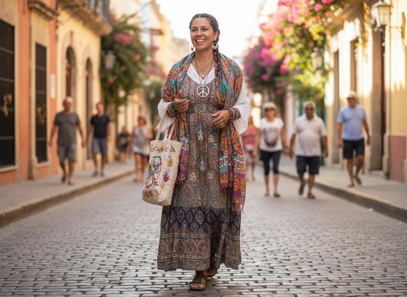 Smiling woman in bohemian attire walking on a cobblestone street