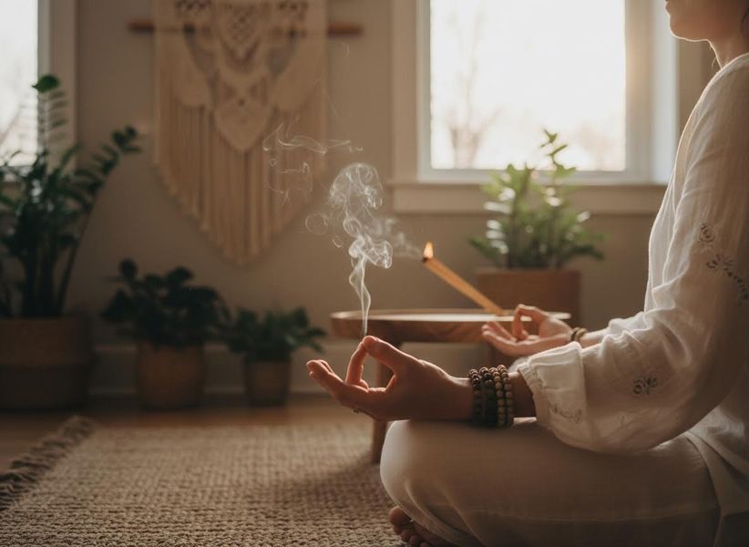 Person Meditating with Incense Stick and Smoke