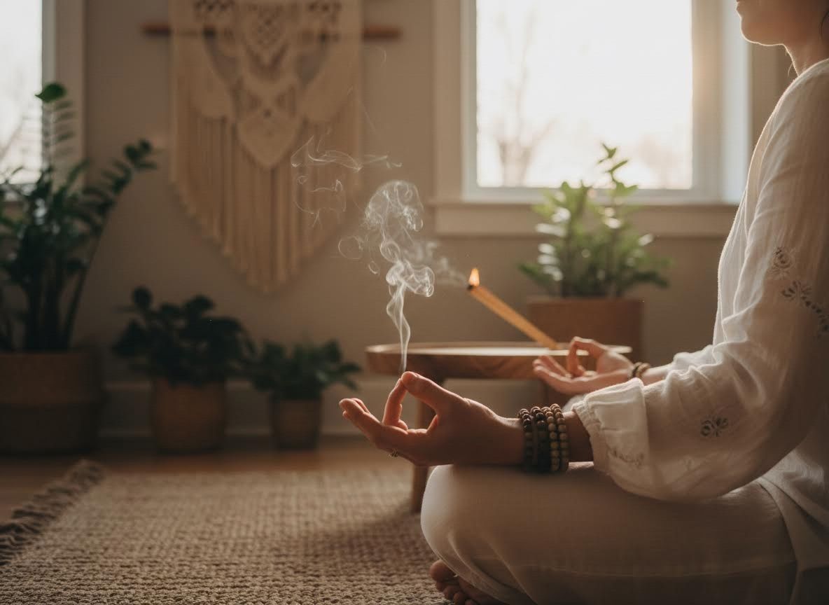 Person Meditating with Incense Stick and Smoke