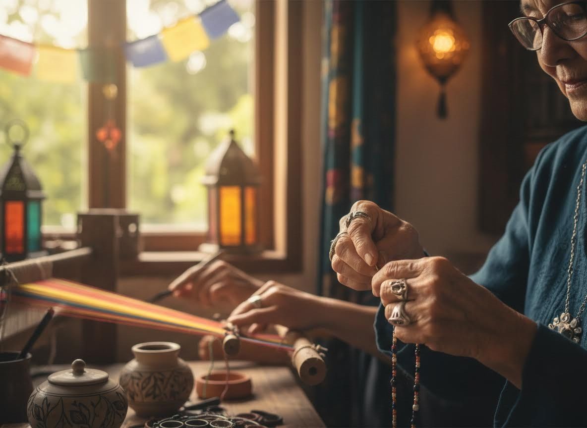Elderly artisan crafting with loom and beads
