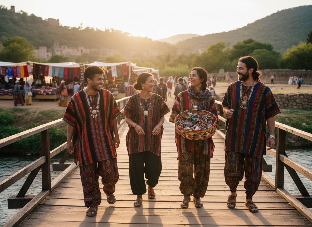 People in colorful attire on a bridge at a bustling market