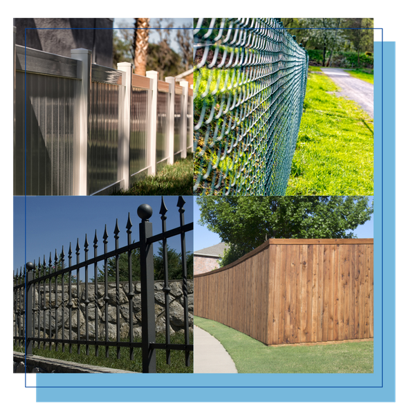 collage of different types of fences, including wood, chain link, wrought iron, and white