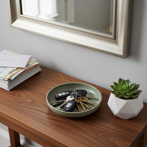 An organized entry table with a small bowl with keys in it