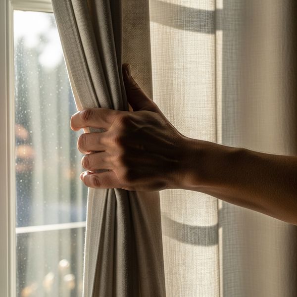 A hand closing a thick, light-colored curtain over a window