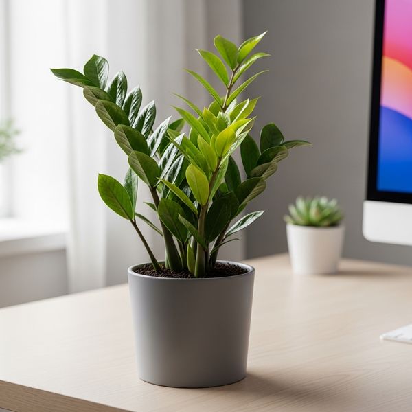 A glossy ZZ Plant sitting on a modern desk, highlighting its waxy dark green foliage
