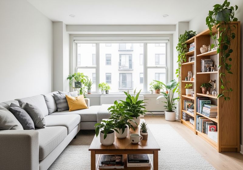 A bright and modern apartment living room featuring various healthy houseplants