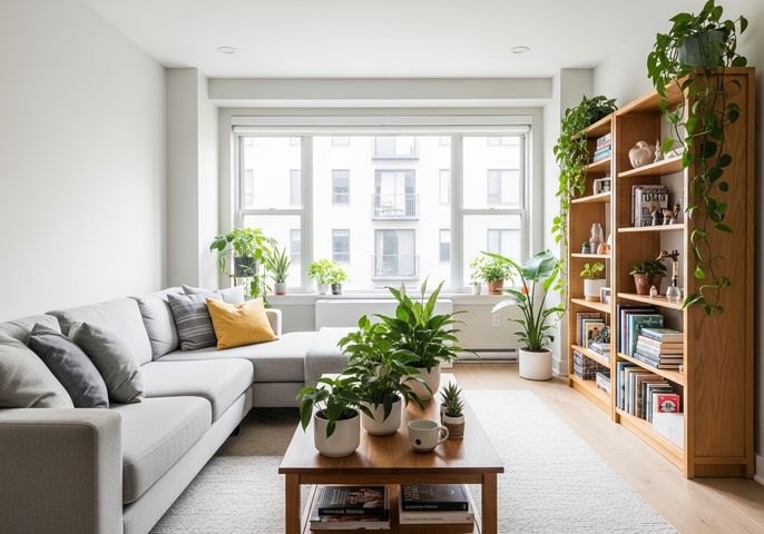 A bright and modern apartment living room featuring various healthy houseplants A bright and modern apartment living room featuring various healthy houseplants