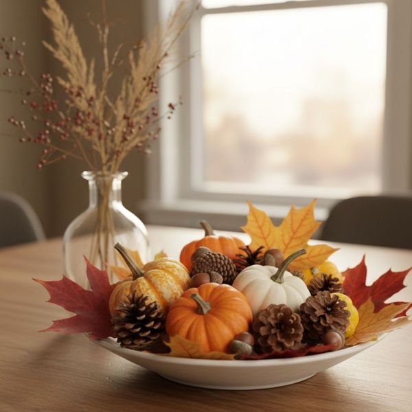 A white bowl filled with small pumpkins, pinecones, acorns, and colorful fall leaves A white bowl filled with small pumpkins, pinecones, acorns, and colorful fall leaves