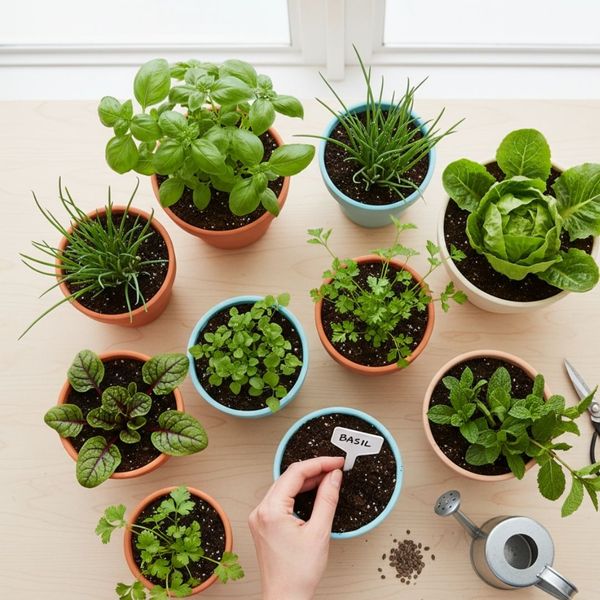 various small, healthy herb seedlings like basil and mint growing in individual pots
