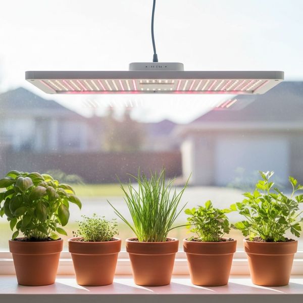 Close-up of a small, focused LED grow light positioned above a row of herb pots