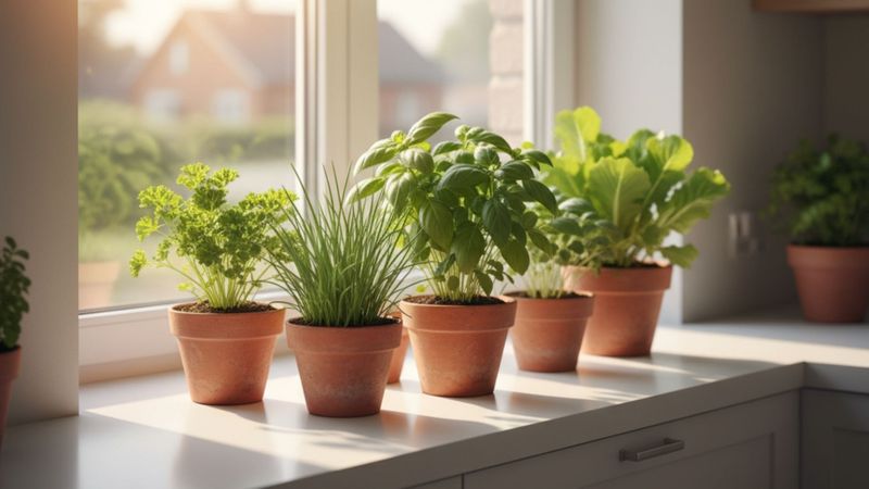 clean, modern kitchen windowsill filled with small terracotta pots of fresh, green herbs and leafy greens clean, modern kitchen windowsill filled with small terracotta pots of fresh, green herbs and leafy greens