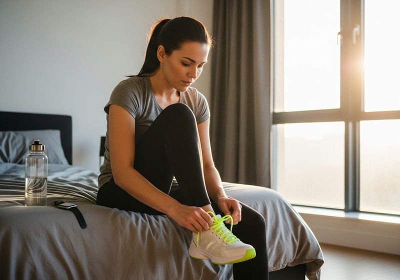 woman getting her tennis shoes on, ready to go out