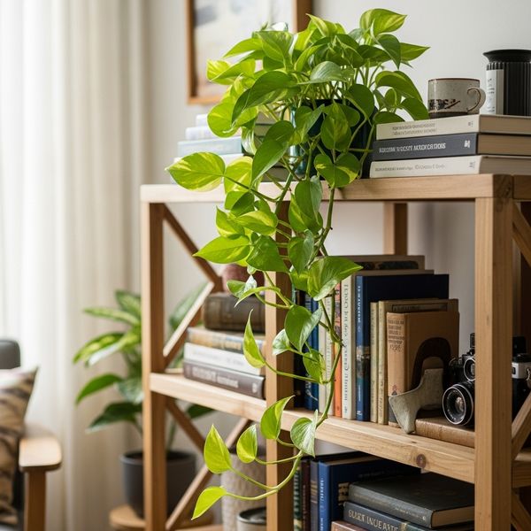 A lush Pothos plant with green vines cascading down a wooden bookshelf