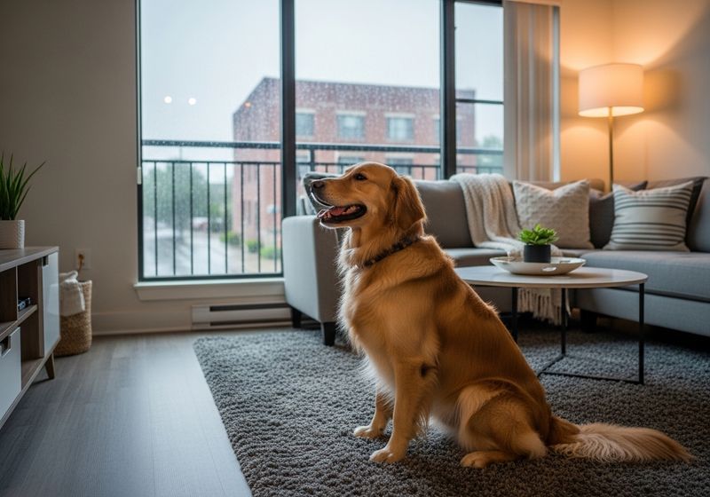 A happy dog sitting inside a cozy, modern Greeley apartment while it rains outside the window
