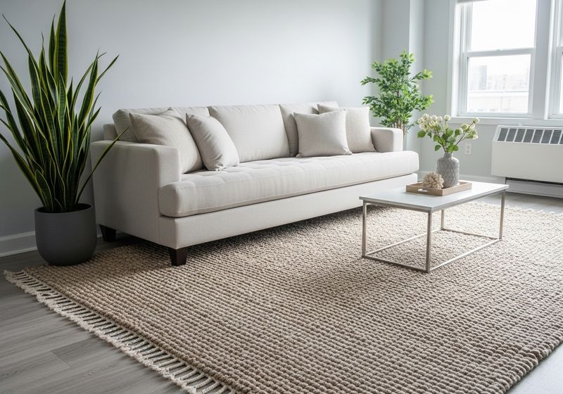 an apartment with a neutral sofa, a large textured area rug, and a green plant