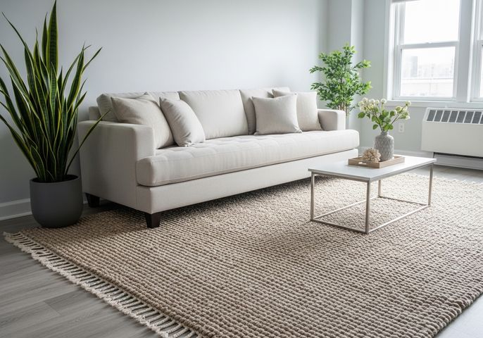 an apartment with a neutral sofa, a large textured area rug, and a green plant an apartment with a neutral sofa, a large textured area rug, and a green plant