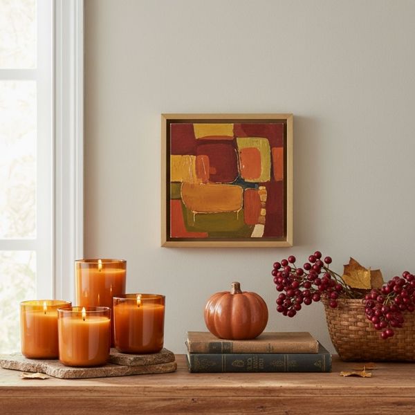 Group of lit orange fall-scented candles, a small decorative pumpkin, and a framed abstract painting in autumnal hues Group of lit orange fall-scented candles, a small decorative pumpkin, and a framed abstract painting in autumnal hues