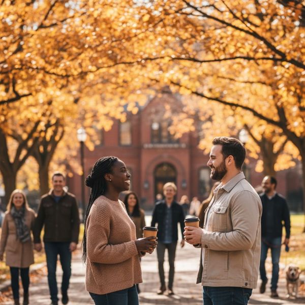 Two diverse people smiling and conversing on a sunny path, representing strong community spirit