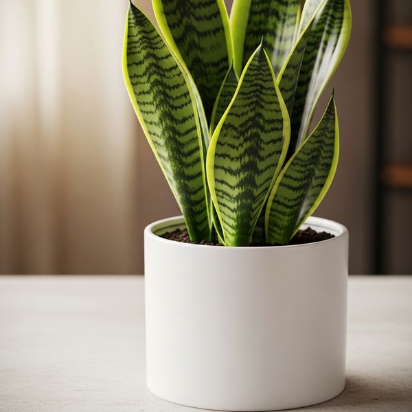 A close-up of a healthy Snake Plant in a white ceramic pot