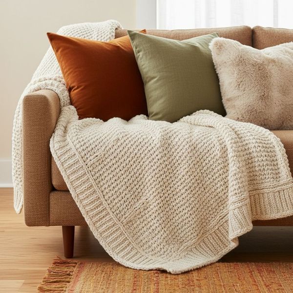 Sofa draped with a chunky knit blanket and layered with velvet and faux fur throw pillows in fall colors Sofa draped with a chunky knit blanket and layered with velvet and faux fur throw pillows in fall colors