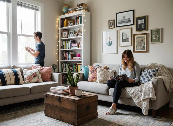 A man looks out a bright window while a woman reads a magazine on a sofa in a stylish living room with a bookshelf and art. Couple relaxing in a cozy, decorated living room