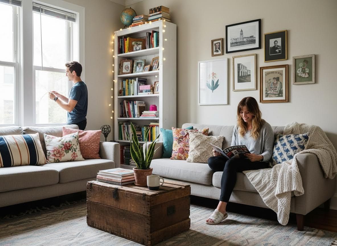 Couple relaxing in a cozy, decorated living room