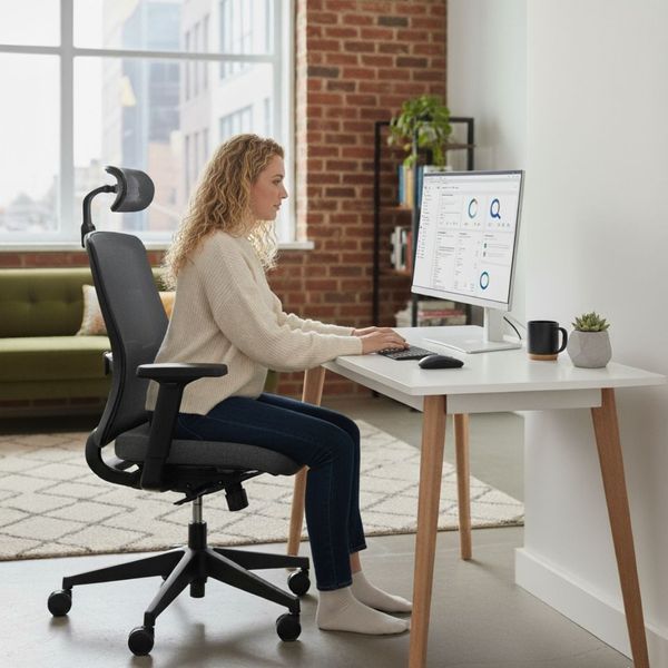 woman sitting in a comfortable chair working